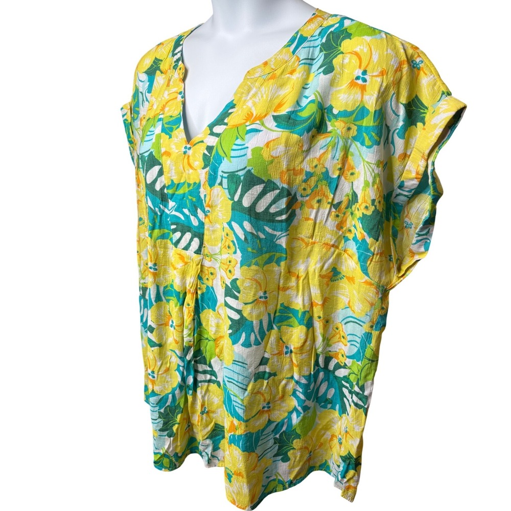 KIM ROGERS Womens Yellow Floral Tropical V-Neck Blouse 2X Flowy Airy Boho Artsy - Picture 2 of 9